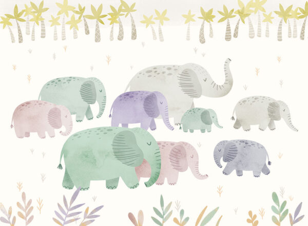 Tender watercolour elephants in the tropics kids wall mural