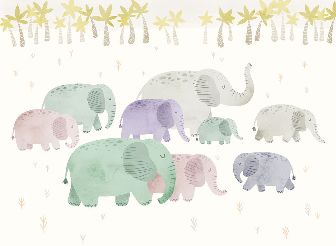 Tender watercolour elephants and palm trees kids wall mural