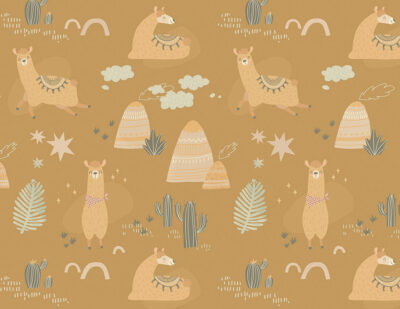 Colourful llamas, mountains and cactuses kids wallpaper