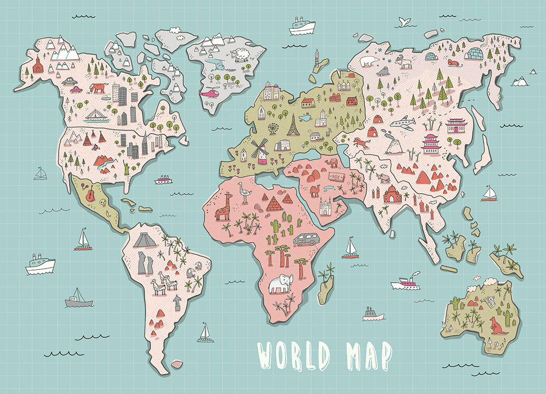 Explorer colourful kids world map wall mural