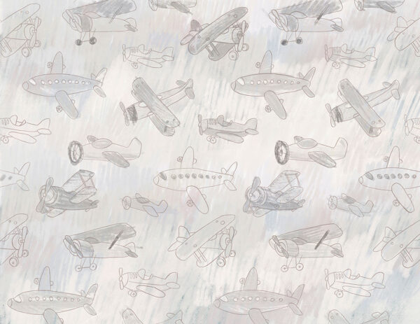 Delicate kids drawings of grey airplanes wallpaper