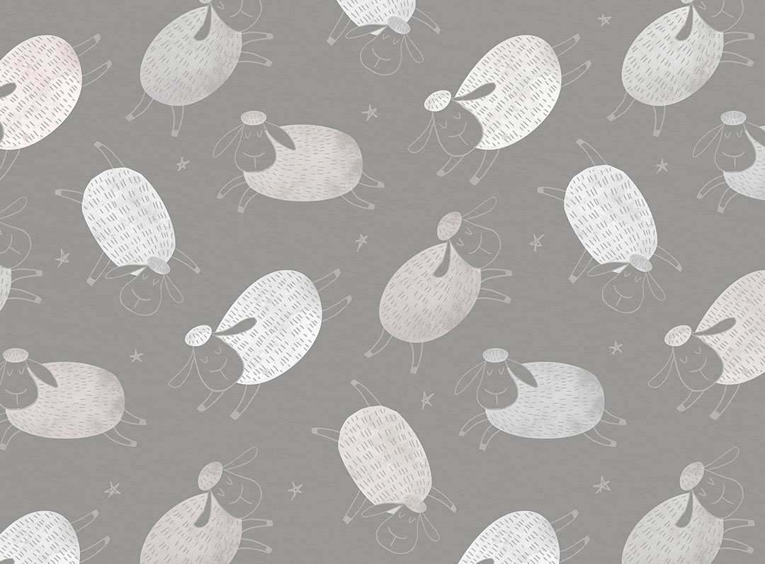 Cartoon styled silver sheep and stars patterned kids wallpaper