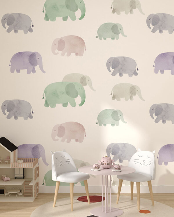 Delicate watercolour elephants wallpaper for a children's room