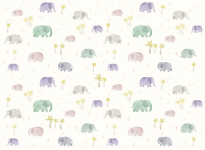 Delicate little watercolour elephants in the jungle kids wallpaper
