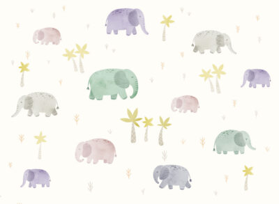 Delicate watercolour elephants in the jungle kids wallpaper