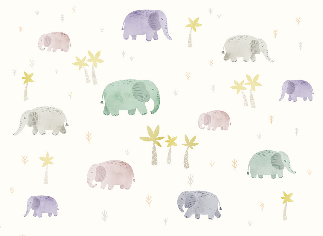 Delicate watercolour elephants in the jungle kids wallpaper