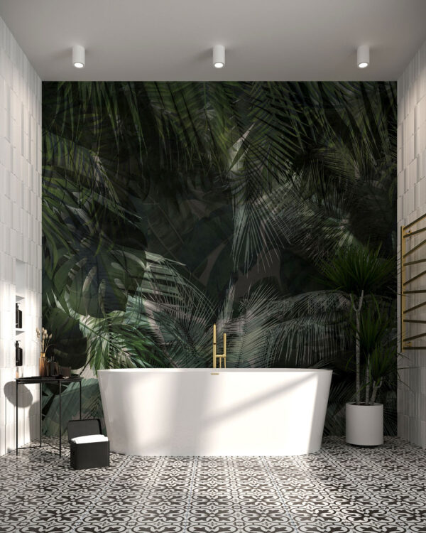 Dark tropical leaves wall mural for the bathroom