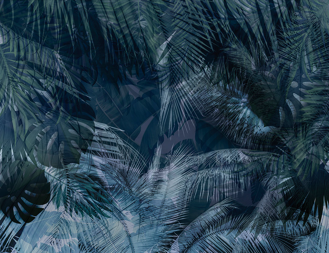 Dark blue tropical leaves wall mural