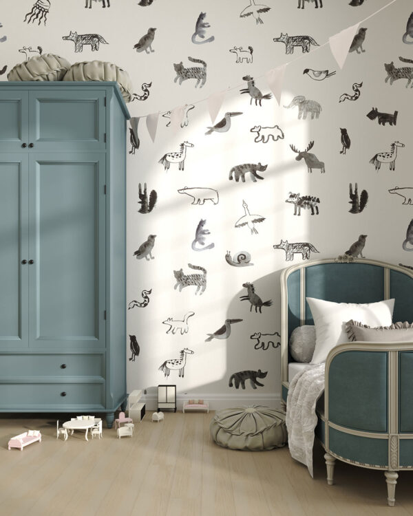 Watercolour abstract animals patterned wallpaper for a children's room