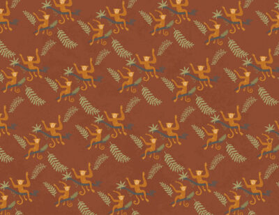 Hand-drawn monkeys and tropical leaves patterned wallpaper on the brown background