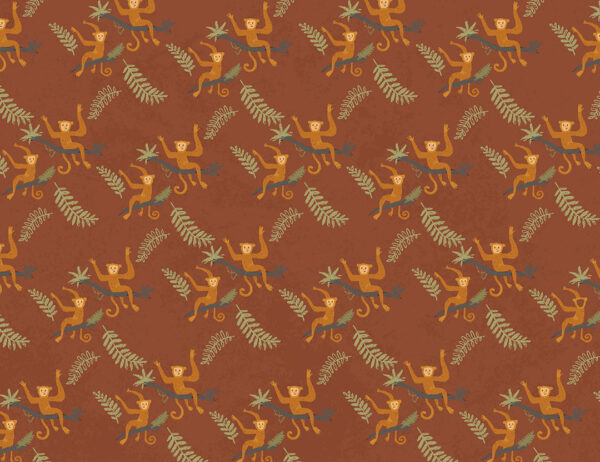 Hand-drawn monkeys and tropical leaves patterned wallpaper on the brown background