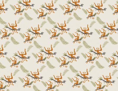 Hand-drawn monkeys and green tropical leaves patterned wallpaper