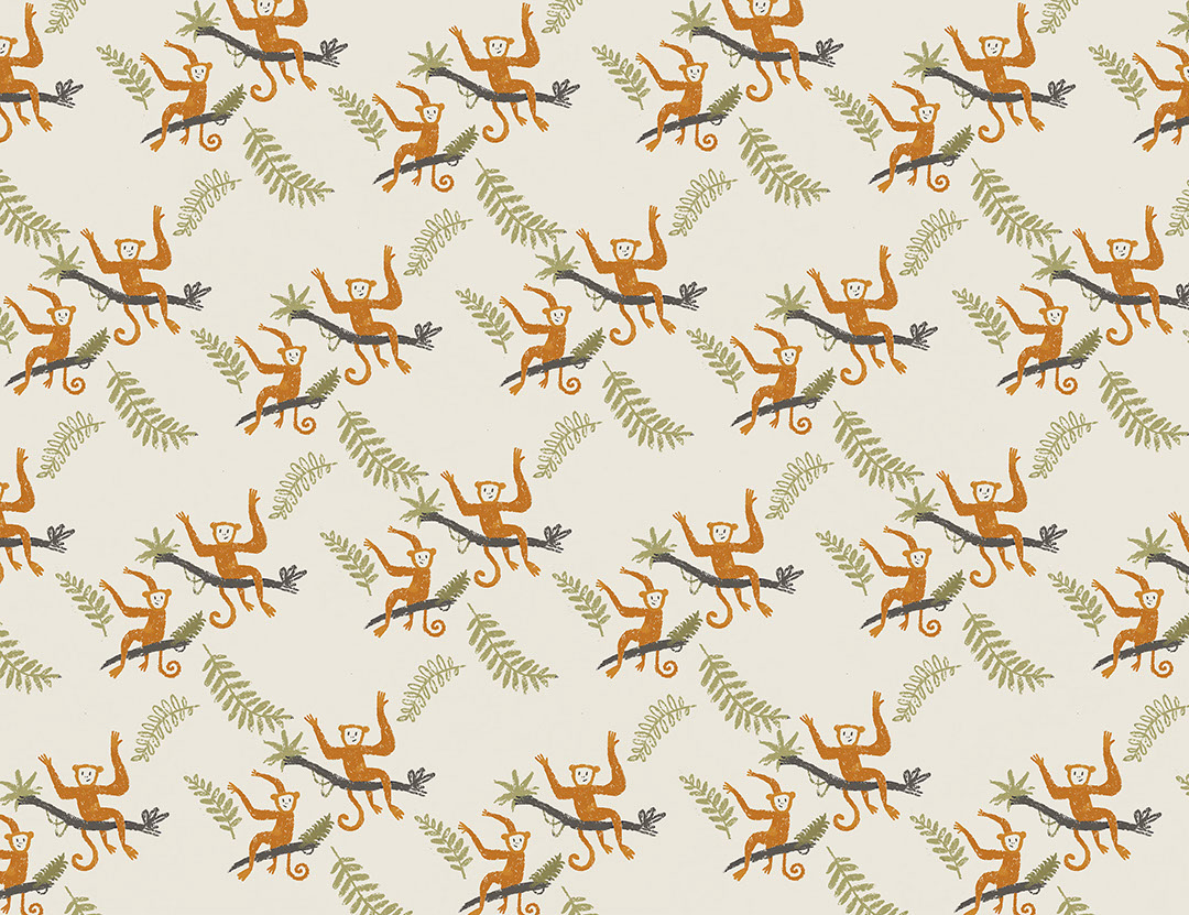 Hand-drawn monkeys and green tropical leaves patterned wallpaper