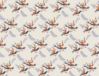 Hand-drawn monkeys and violet tropical leaves patterned wallpaper