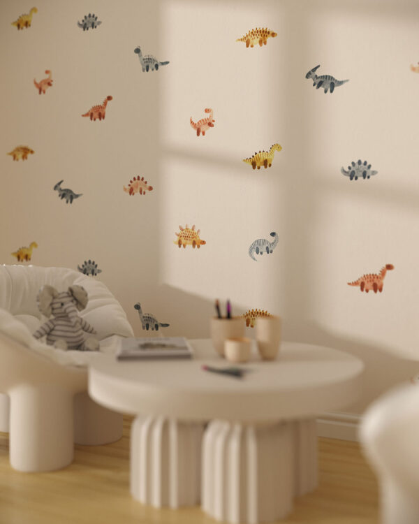 Cute watercolour minimalist dinosaurs patterned wallpaper for a children's room