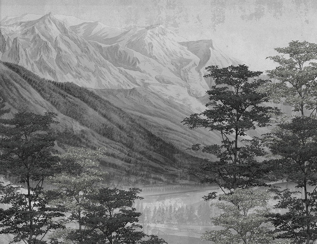 Vintage lake and mountains grey etching wall mural