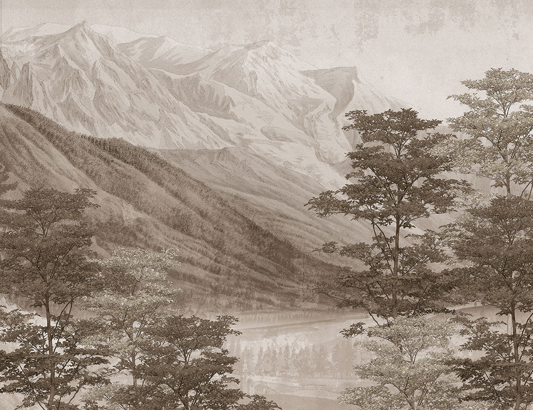Vintage lake and mountains brown etching wall mural