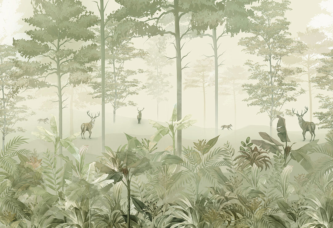 Vintage detailed green forest wall mural