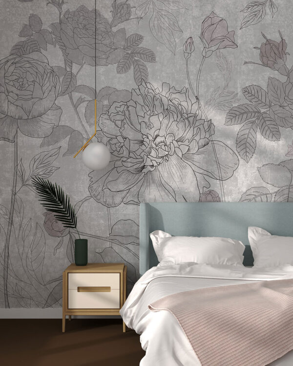 Minimalist roses line art wall mural for the bedroom