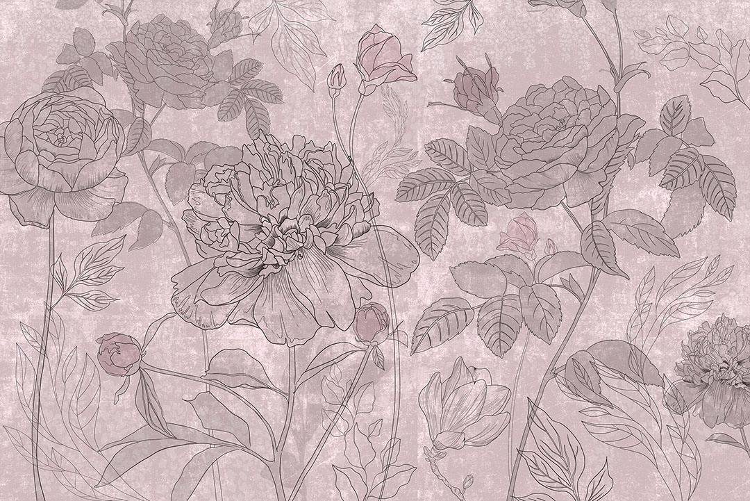 Minimalist roses line art pink wall mural