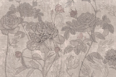 Minimalist roses line art beige wall mural