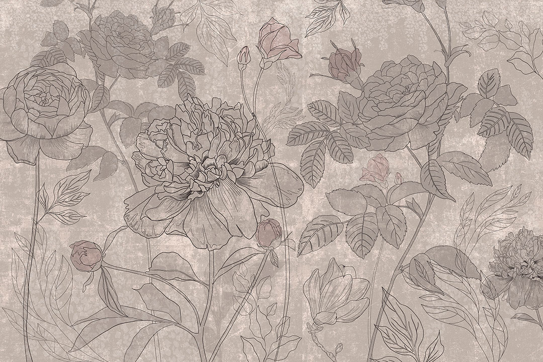 Minimalist roses line art beige wall mural