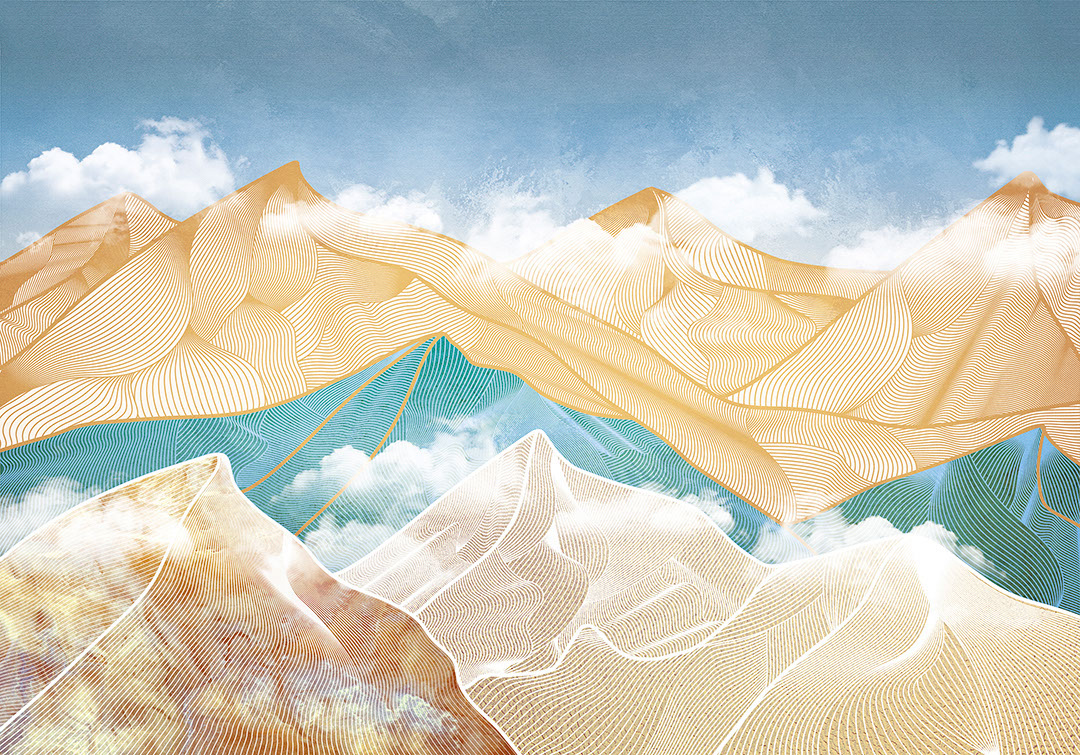 Bright futuristic golden and blue mountains in clouds wall mural