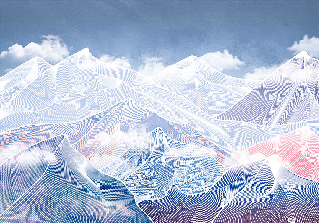 Bright futuristic pink and blue mountains in clouds wall mural