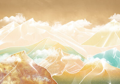Bright futuristic golden mountains in clouds wall mural