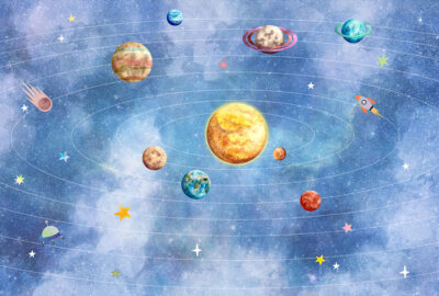 Colourful planets of the solar system with rockets and stars wall mural