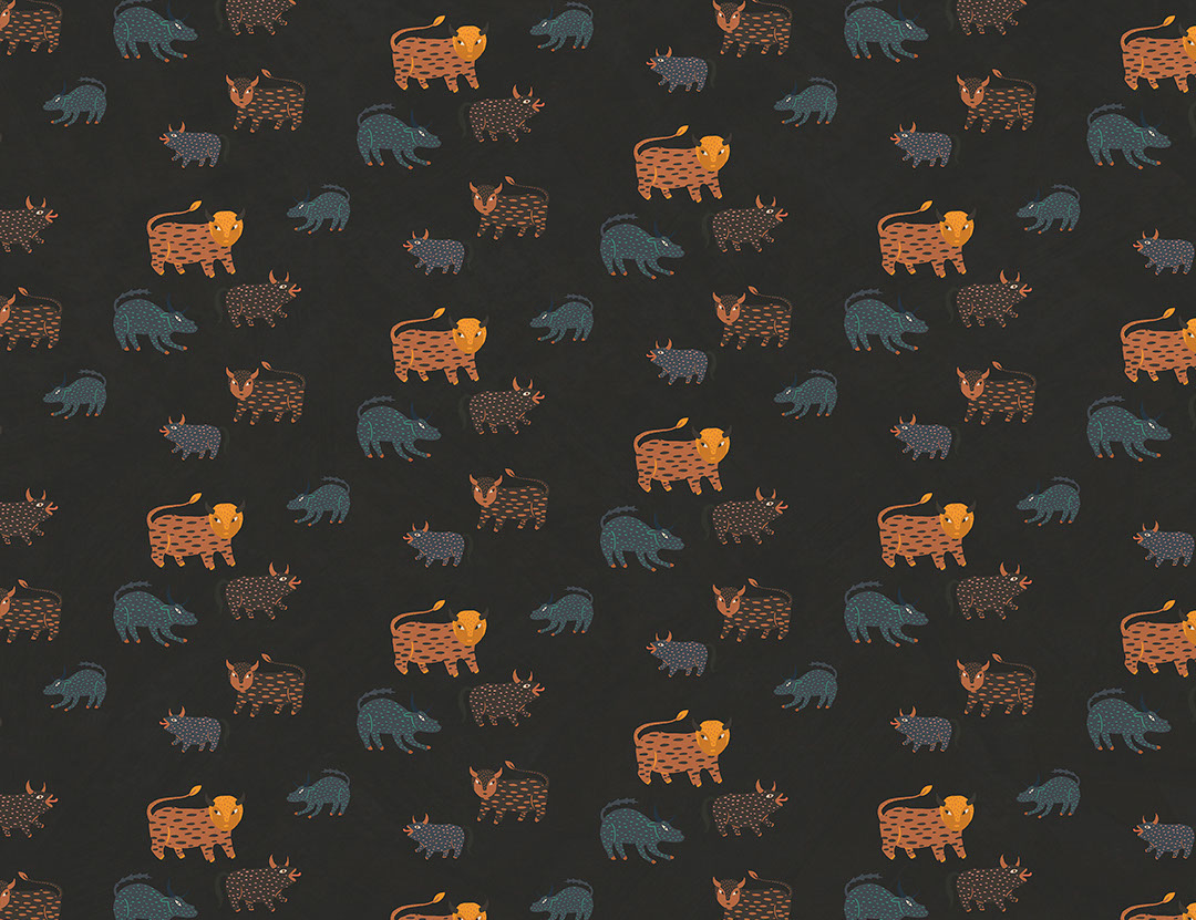 Mythical animals in ethnic Ukrainian style dark patterned wallpaper