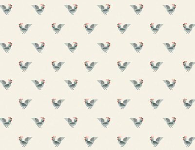 Geometrical roosters patterned wallpaper on the beige background