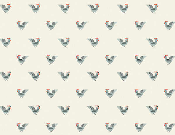 Geometrical roosters patterned wallpaper on the beige background