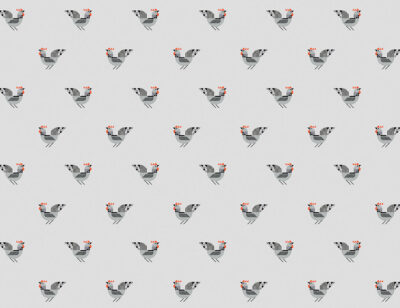 Geometrical roosters patterned wallpaper on the grey background