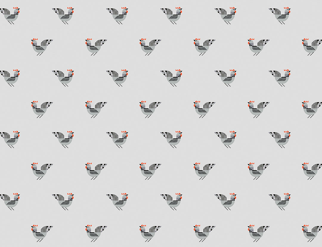 Geometrical roosters patterned wallpaper on the grey background