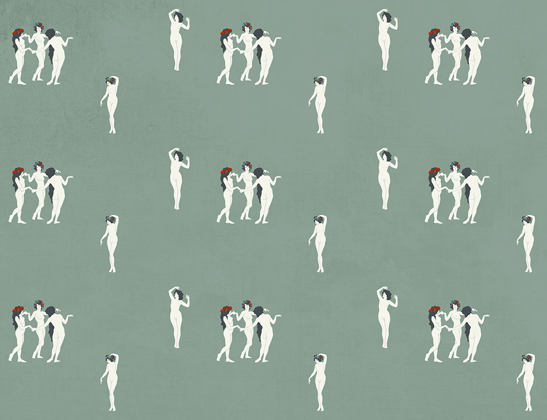 Tender girls in flower crowns patterned wallpaper on the green background