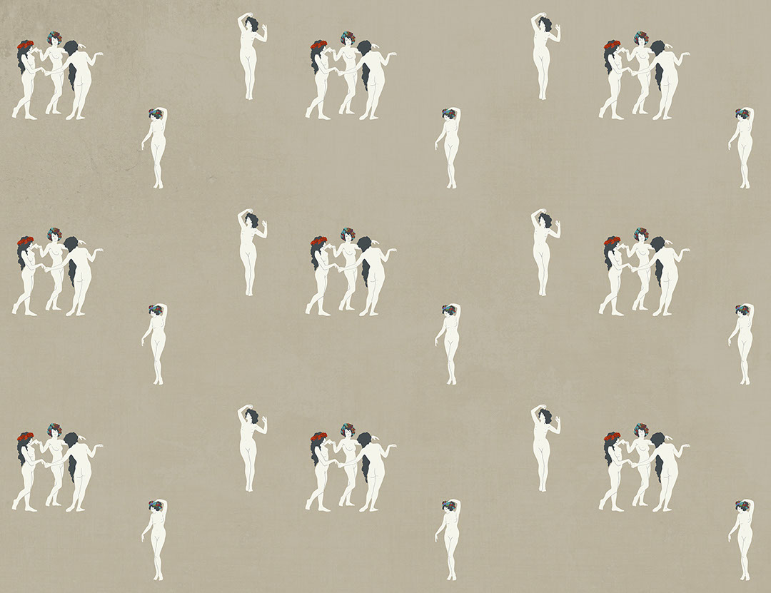 Tender girls in flower crowns patterned wallpaper on the grey background