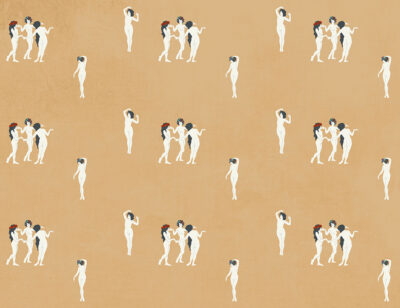 Tender girls in flower crowns patterned wallpaper on the orange background