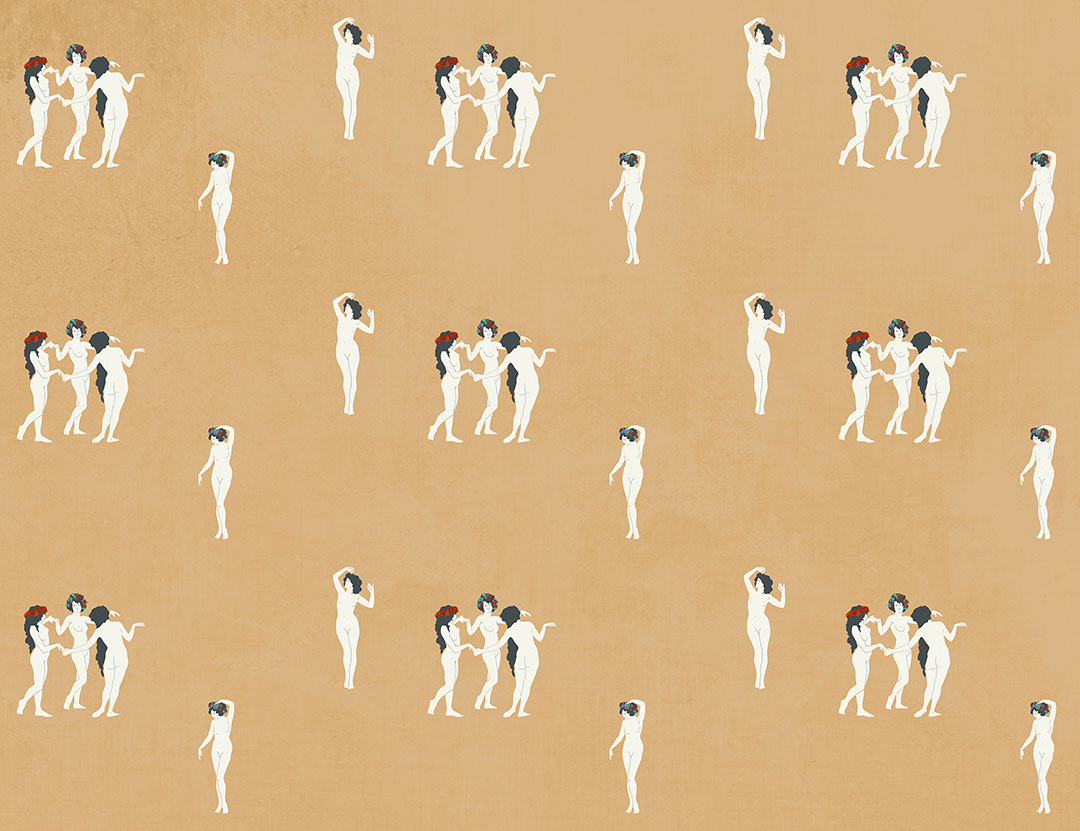 Tender girls in flower crowns patterned wallpaper on the orange background