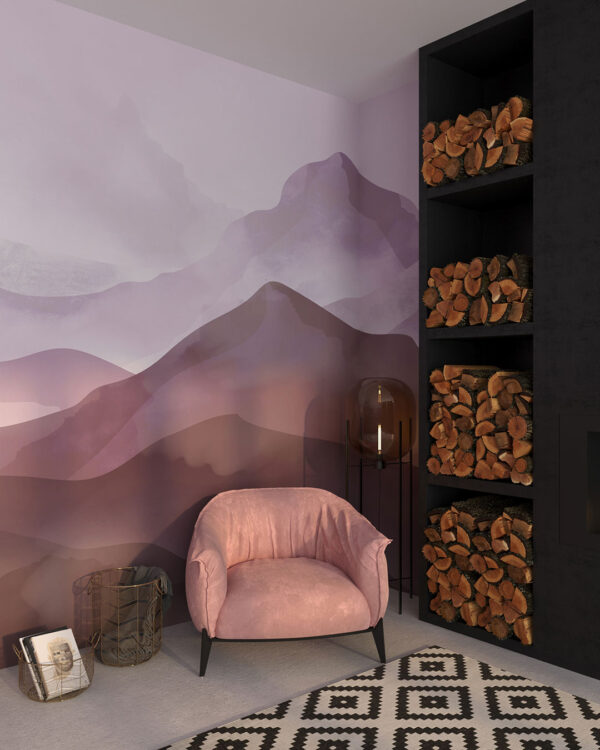 Watercolour gradient mountains wall mural for the living room