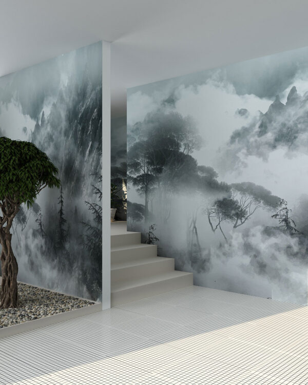 Foggy trees and rocks in grey colours wall mural for the corridor