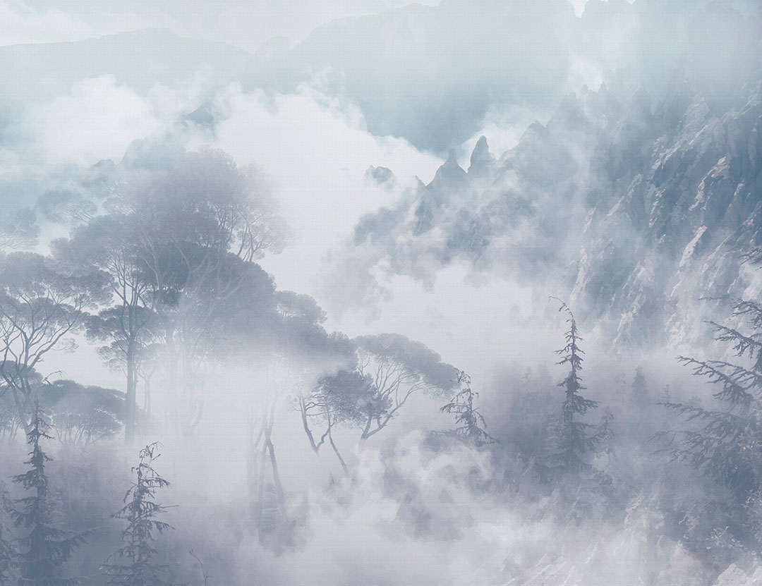 Foggy trees and rocks in blue colours wall mural