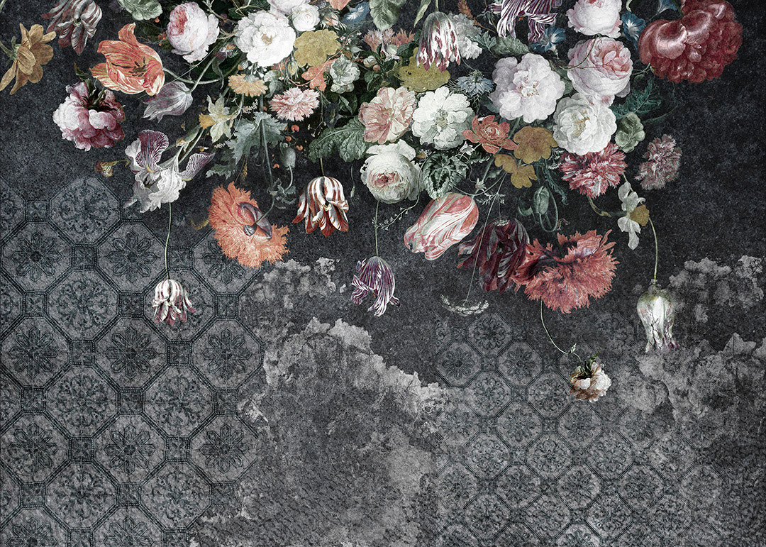 Dutch still life at the patterned background in grey tones wall mural