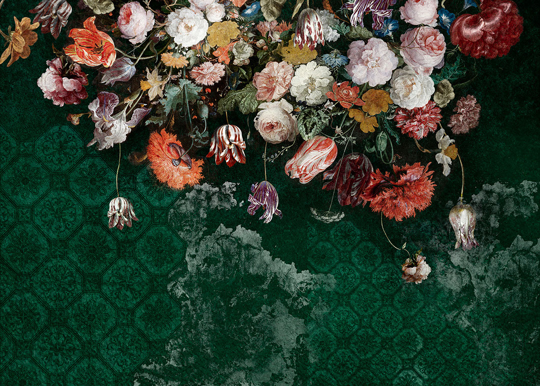 Dutch still life at the patterned background in green tones wall mural