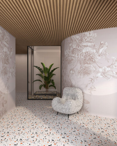 Asymmetrical wall mural for the living room with tender flowers and geometry