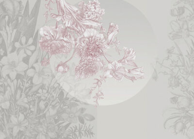 Asymmetrical wall mural with tender flowers and geometry in pink and grey colors