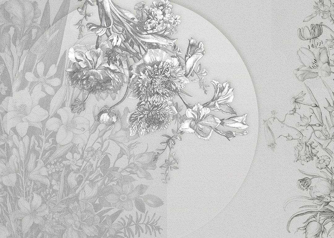 Asymmetrical wall mural with tender grey flowers and geometry