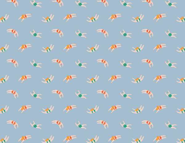 Cute little swimmers in the blue water patterned wallpaper