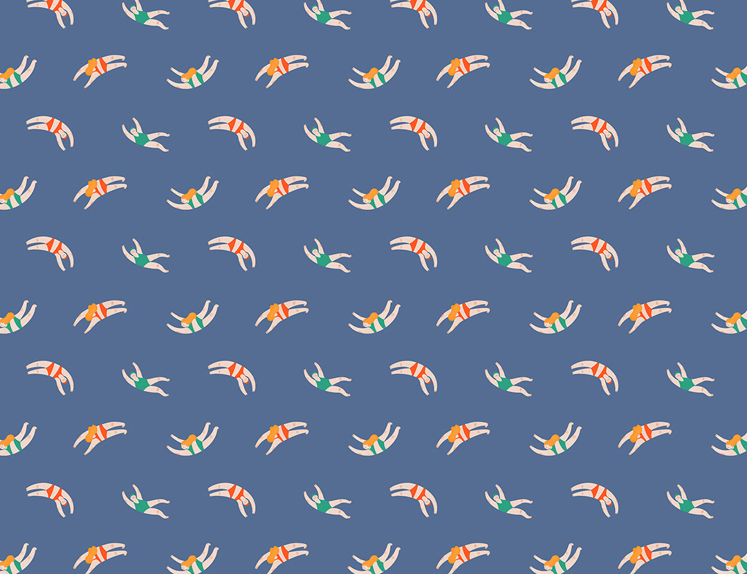 Cute little swimmers in the navy blue water patterned wallpaper