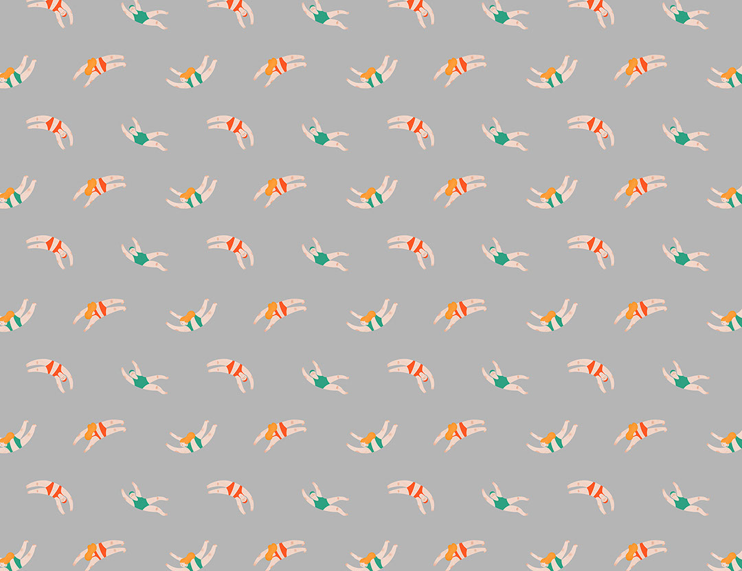 Cute little swimmers in the grey water patterned wallpaper
